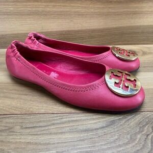 Tory Burch Reva Flats Girls 1 Red Soft Leather Gold Medallion Ballet